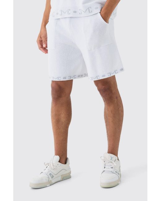BoohooMAN Relaxed Jacquard Detail Knitted Shorts In White for men