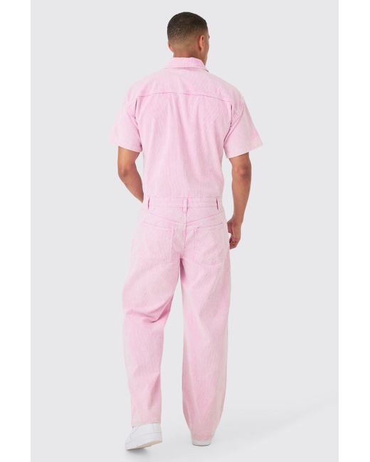 BoohooMAN Relaxed Acid Wash Corduroy Boilersuit In Pink for men