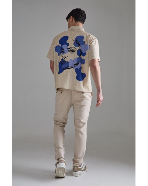 BoohooMAN Blue Boxy Linen Back Embroidered Shirt for men