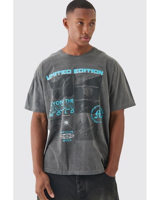 BoohooMAN Gray Oversized Wash Limited Edition Space T-shirt for men