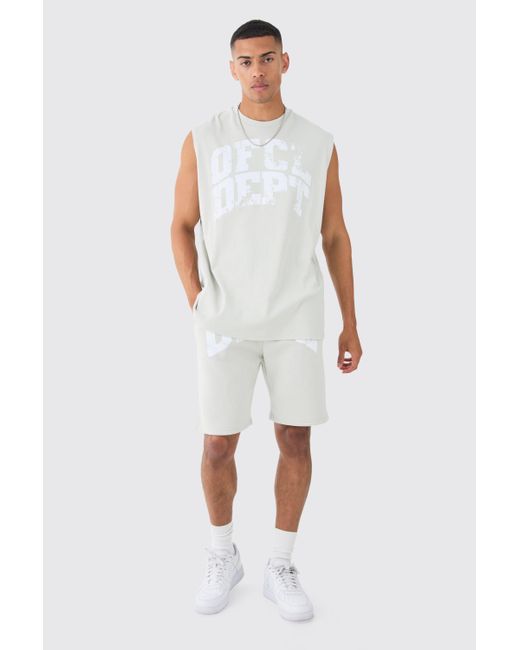 BoohooMAN White Oversized Ofcl Dept Rib Printed Tank & Shorts Set for men
