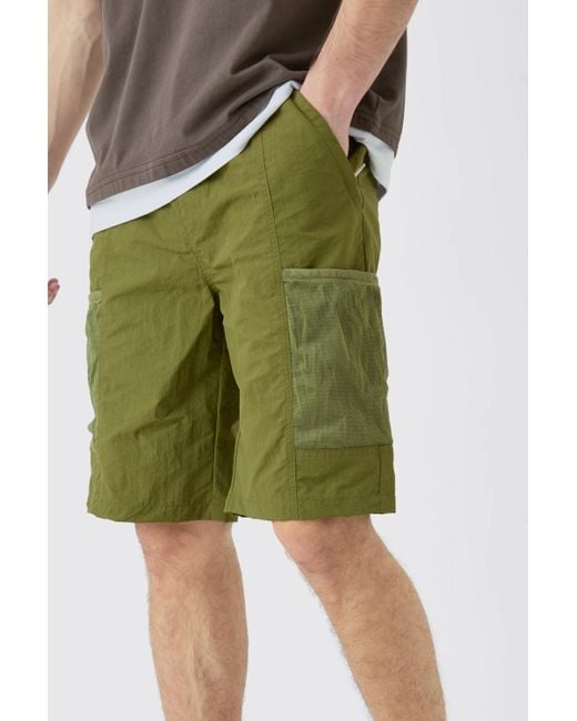BoohooMAN Green Tall Elasticated Waist Mesh Pocket Utility Short for men