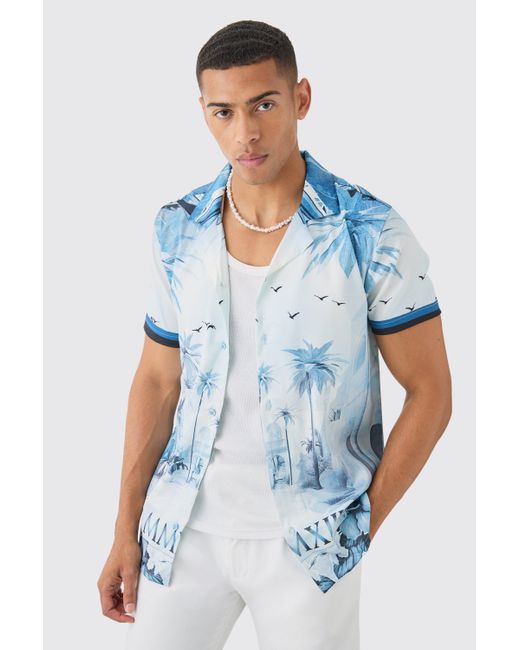 BoohooMAN Blue Regular Revere Palm Short Sleeve Shirt for men
