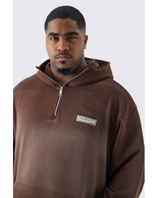 BoohooMAN Brown Plus Oversized 1/4 Zip Washed Loopback Hoodie for men