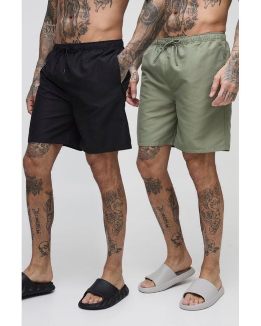 BoohooMAN Green Tall 2 Pack Mid Length Swim Shorts for men