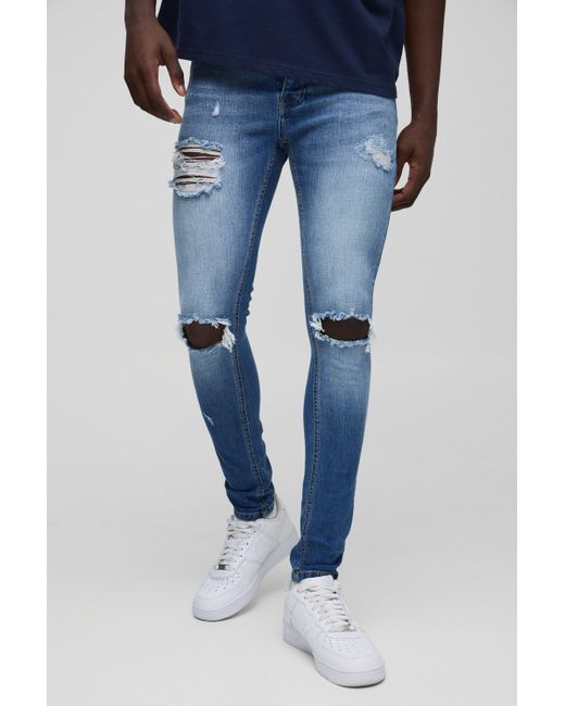 BoohooMAN Blue Super Skinny Washed Ripped Jeans for men