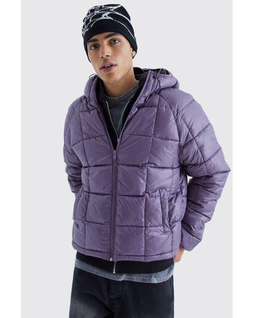BoohooMAN Purple Boxy Square Quilted Puffer With Hood for men