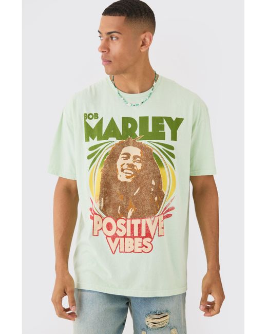 BoohooMAN Green Oversized Bob Marley Wash License T-shirt for men
