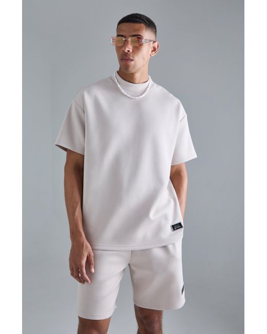BoohooMAN Gray Oversized Extended Neck Scuba T-shirt & Relaxed Short Set for men