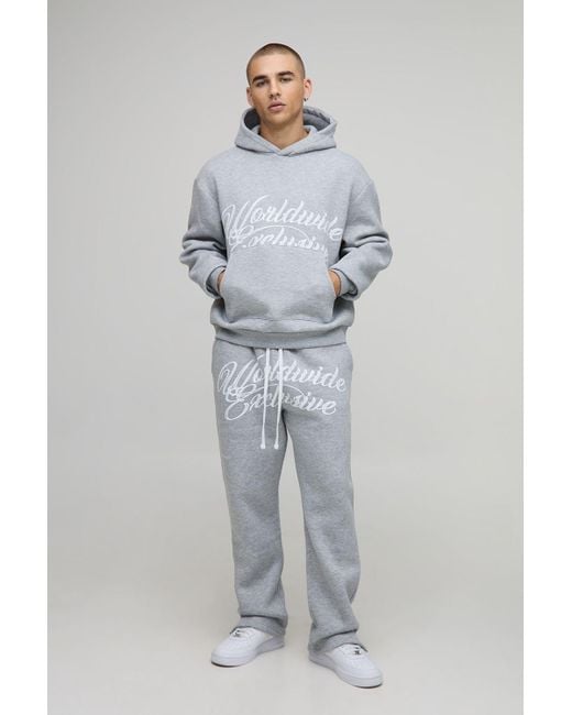 BoohooMAN Gray Oversized Boxy Worldwide Hoodie And Straight Leg Split Hem Jogger Tracksuit for men