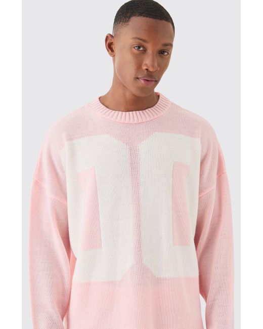 BoohooMAN Pink Oversized Boxy Varsity Knit Jumper for men