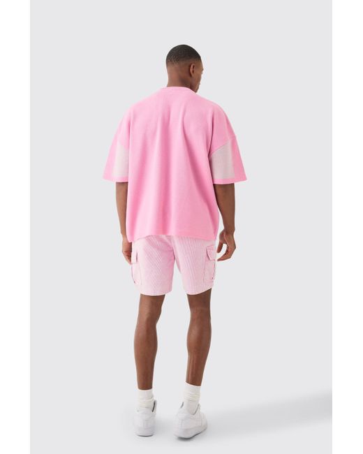 BoohooMAN Slim Elasticated Waist Acid Wash Corduroy Cargo Short In Pink for men