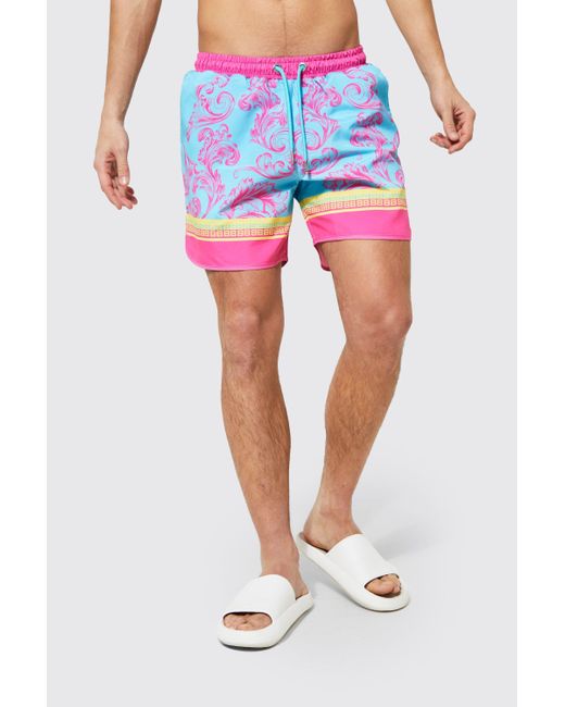 BoohooMAN Denim Baroque Border Short Length Swim Trunks in Blue for Men