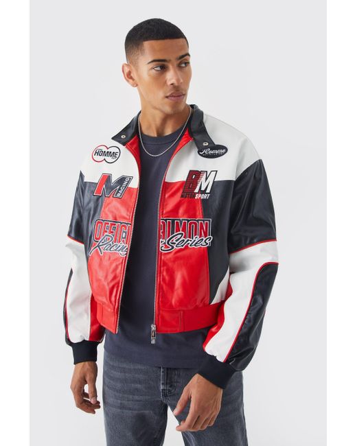BoohooMAN Boxy Pu Multi Badge Moto Jacket in Red for Men Lyst UK