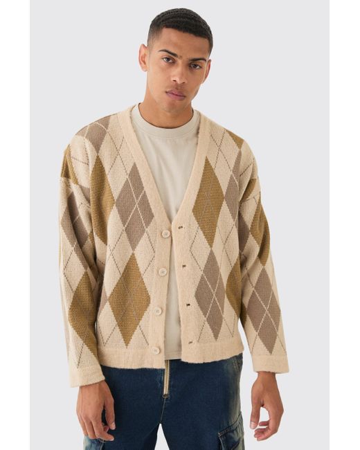 BoohooMAN Boxy Oversized Brushed Check All Over Jacquard Cardigan in Natural für Herren