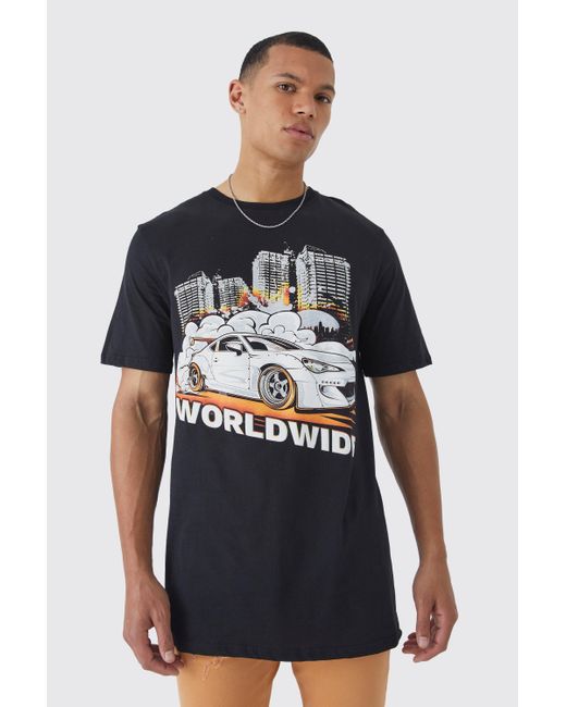 BoohooMAN Black Tall Longline Worldwide Car Graphic T-shirt for men