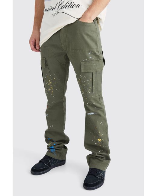 Boohoo Green Tall Slim Flare Gusset Paint Splatter Cargo Trouser