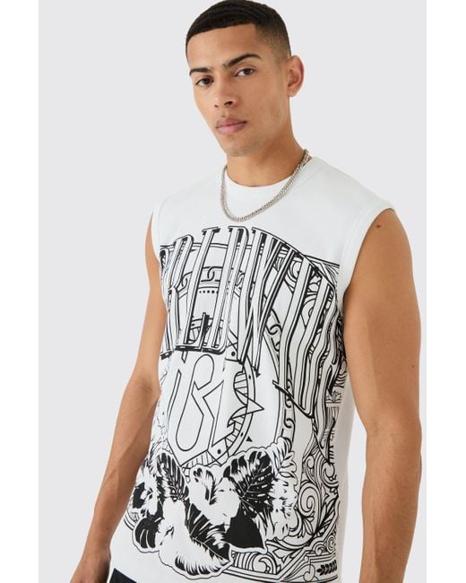 BoohooMAN White Large Scale Printed Heavy Ribbed Tank for men