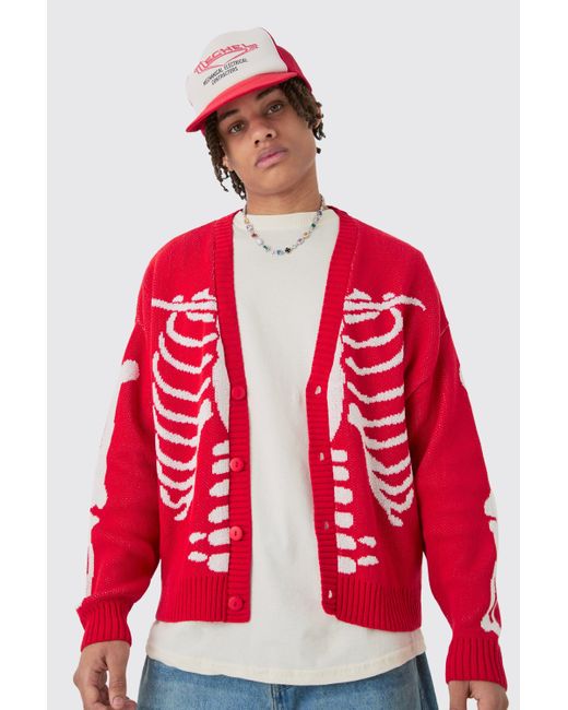Boohoo Red Boxy Oversized Skeleton Cardigan