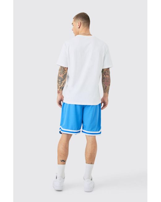 BoohooMAN Blue Basketball Mesh Tape Shorts With Woven Tab for men