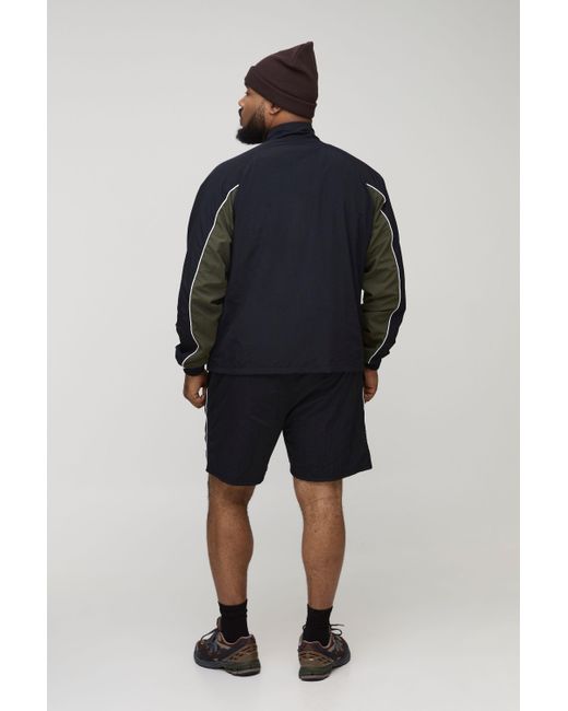 BoohooMAN Blue Plus Crinkle Nylon Panelled Regular Track Jacket for men