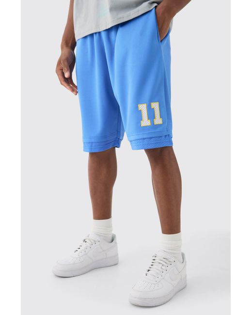 BoohooMAN Loose Fit Bhm Satin Mesh Long Length Basketball Shorts in Blue for Men Lyst