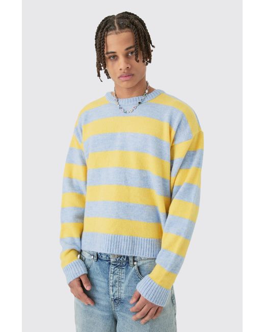 BoohooMAN Oversized Boxy Stripe Knit Sweater In Light Blue for men