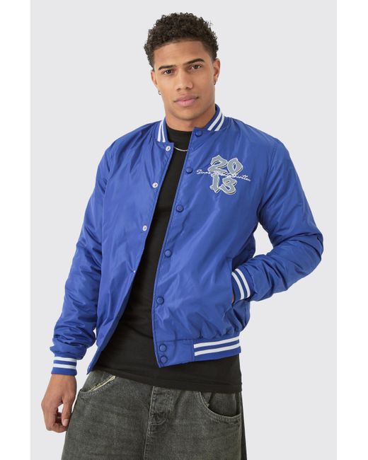 BoohooMAN Blue Official Badge Nylon Varsity Bomber Jacket for men