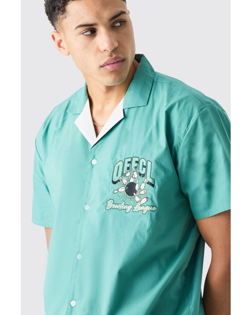 BoohooMAN Green Short Sleeve Poplin Oversized Offcl Bowling Shirt for men