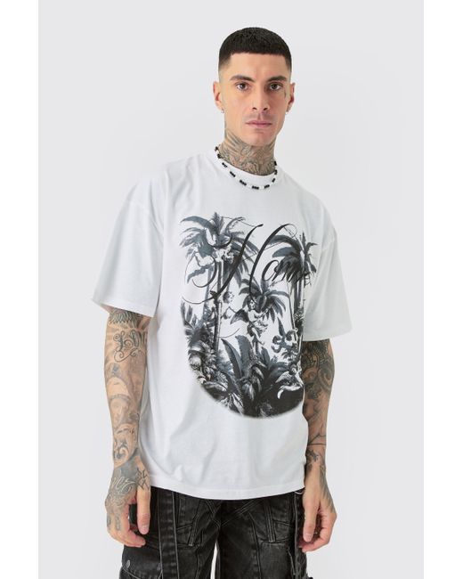 Boohoo Gray Tall Oversized Palm Print Renaissance T-shirt In White