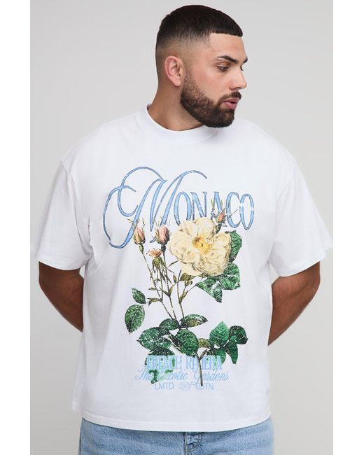 BoohooMAN White Plus Oversized Extended Neck Monaco Floral Print T-Shirt for men