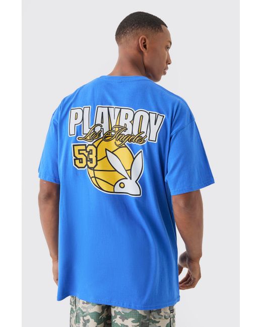 BoohooMAN Blue Oversized Playboy Varsity License T-shirt for men
