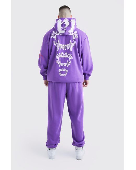 BoohooMAN Tall bestickter Oversize Trainingsanzug mit Kapuze in Purple für Herren