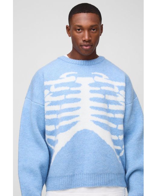 BoohooMAN Oversized Boxy Brushed Skeleton Graphic Knitted Sweater in Blue for Men Lyst UK