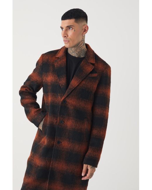 BoohooMAN Tall karierter Oversize Mantel in Braun in Black für Herren