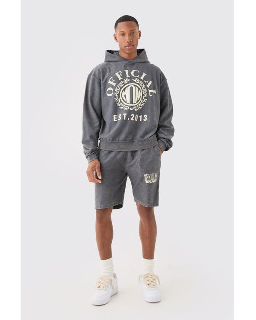 BoohooMAN Gray Oversized Boxy Reverse Loopback Printed Hoodie Short Tracksuit for men