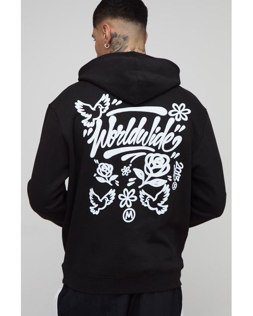 Boohoo Black Tall Regular Fit Script Graffiti Dove Print Hoodie