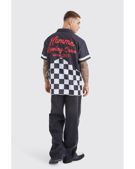 BoohooMAN Blue Short Sleeve Poplin Oversized Checkerboard Bowling Shirt for men