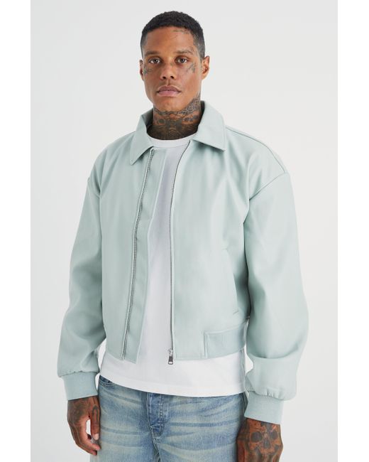 BoohooMAN Blue Boxy Embossed Pu Collared Bomber for men