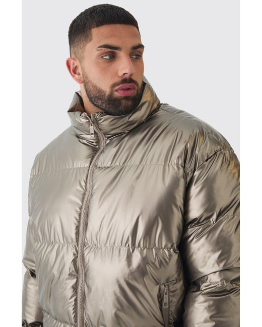 BoohooMAN Gray Plus Metallic Funnel Neck Puffer Jacket In Bronze for men