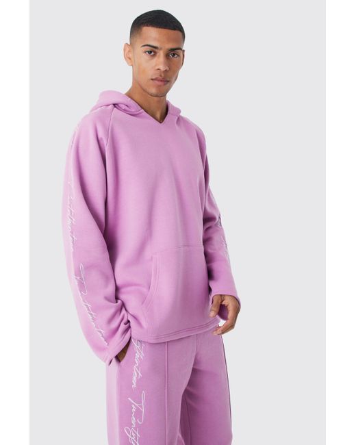 BoohooMAN Pink Oversized Raw Edge Script Embroidered Tracksuit for men