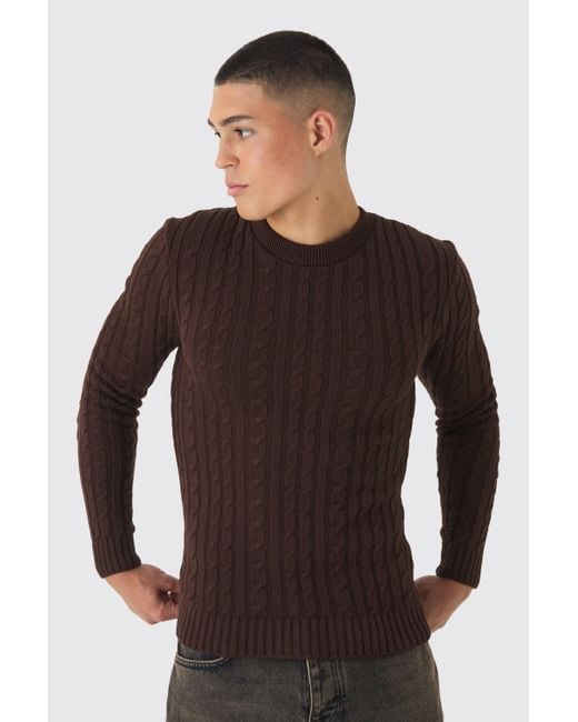 BoohooMAN Muscle Fit Cable Knit Jumper in Brown for Men Lyst