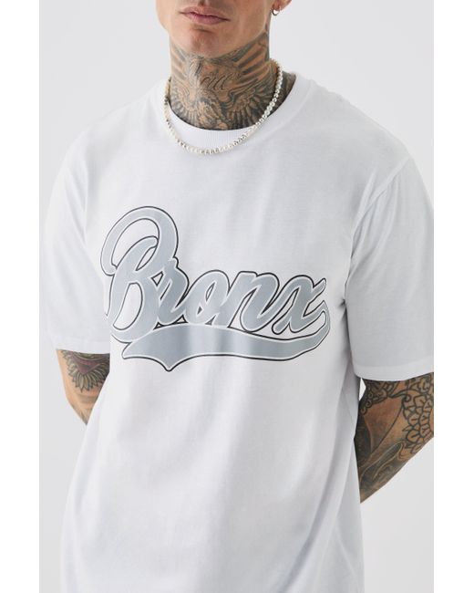 BoohooMAN White Tall Bronx Varsity Print T-shirt for men