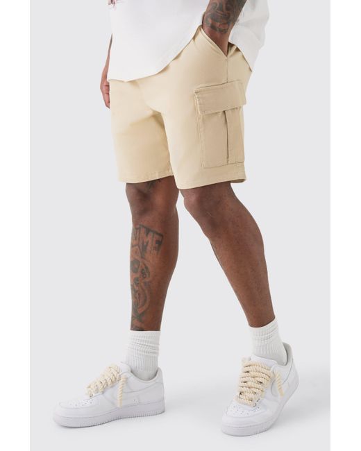 BoohooMAN Natural Plus Elastic Waist Stone Slim Fit Cargo Shorts for men