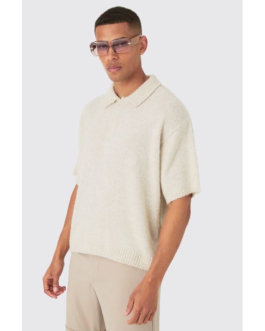 BoohooMAN White Oversized Boxy Boucle Knit Polo In Ecru for men