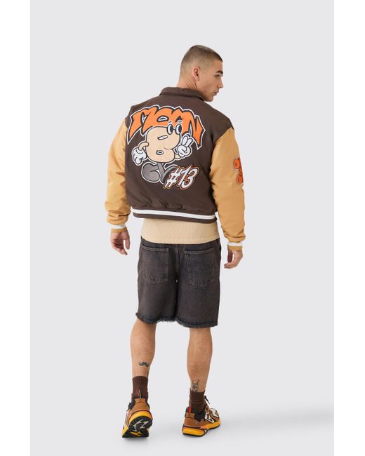 BoohooMAN Boxy Twill Embroidered Collared Varsity Jacket In Brown for men