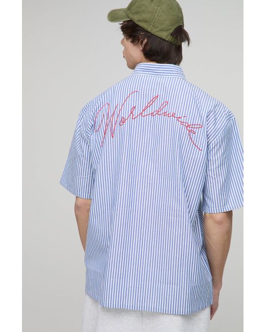 Boohoo Blue Tall Oversized Worldwide Embroidery Slogan Stripe Shirt