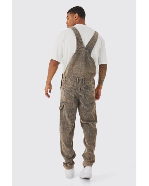 BoohooMAN Gray Relaxed Acid Wash Cord Dungaree for men