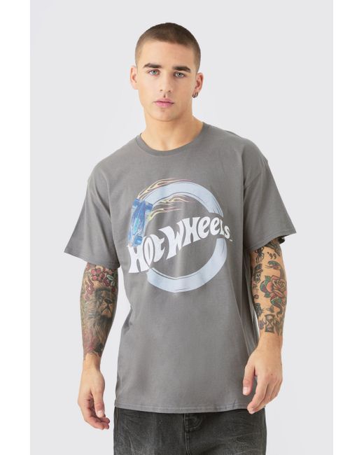 BoohooMAN Gray Loose Wash Hot Wheels License Wash T-shirt for men