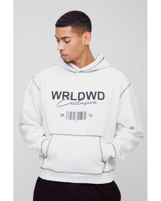 BoohooMAN Gray Oversized Boxy Contrast Stitch Wrldwd Graphic Hoodie for men